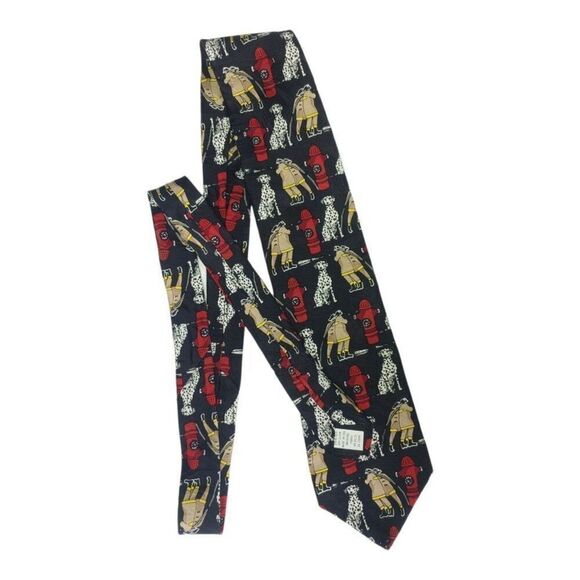 Ralph Marlin VINTAGE Mens Red/Black "Firemen, Dogs & Hydrants" Tie - Picture 2 of 3